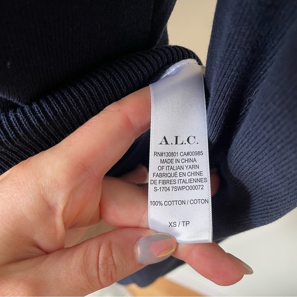 A.L.C. Criss Cross Open Back Navy Blue 100% Cotton Knit Long Sleeve Sweater XS - Picture 7 of 9